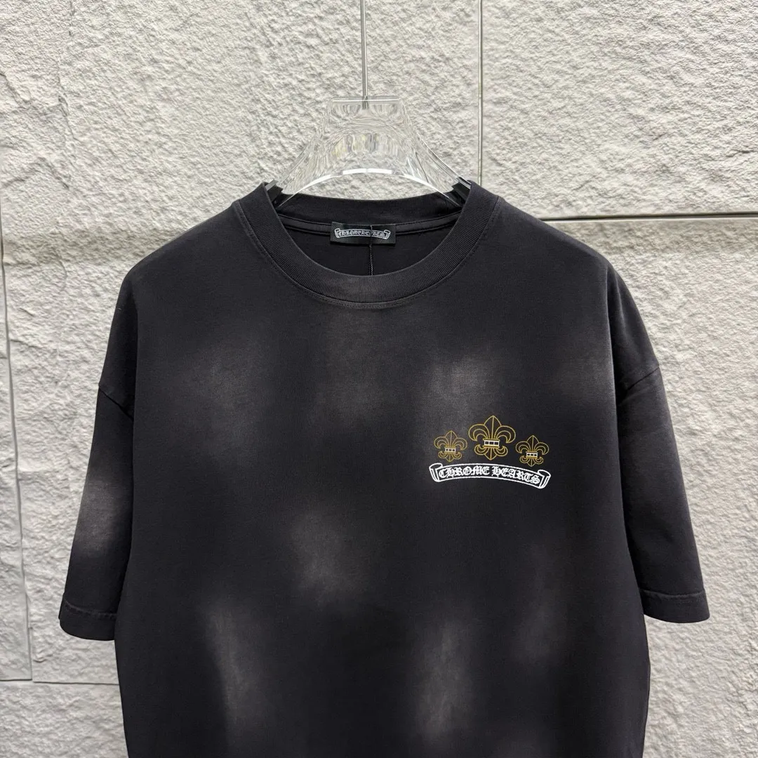 🅿️190 CH*Cro Heart 2025 Spring and Summer New Style Heavy pickling with gradient distressing Chest logo Classic Sanskrit horseshoe print Customized fabric Short-sleeved T-shirt Uniform for men and women Size: S M L